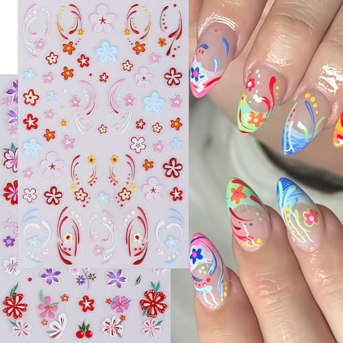 5D Embossed Flower Nail Art Stickers - Summer Daisy & Tropical Decals (4 Sheets)