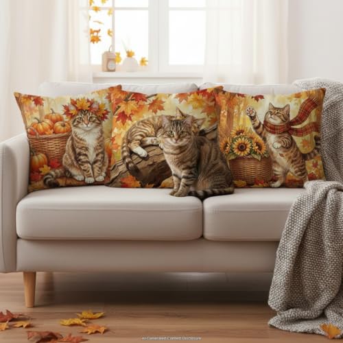 GAGEC Fall Cat Pillow Covers Set of 4, 18x18 inch Autumn Decor
