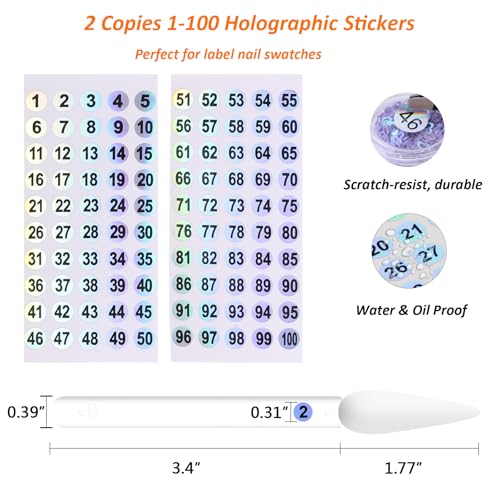 URGINO Nail Swatch Sticks with Number Stickers, 100 Pcs Transparent Stiletto Nail Display Tips for Polish Gel