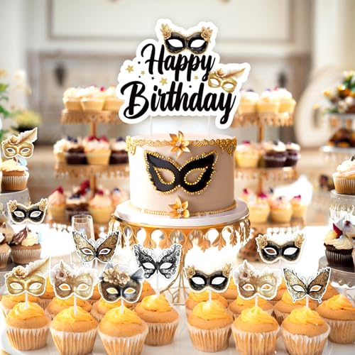 Black Gold Masquerade Cake Decorations - 25 Pcs Set for Birthdays