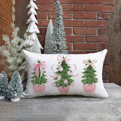 Pink Christmas Tree Throw Pillow Cover - 12x20 Inch Chinoiserie Design