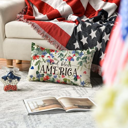 Patriotic 4th of July Throw Pillow Cover - 12x20 Inch God Bless America Decor