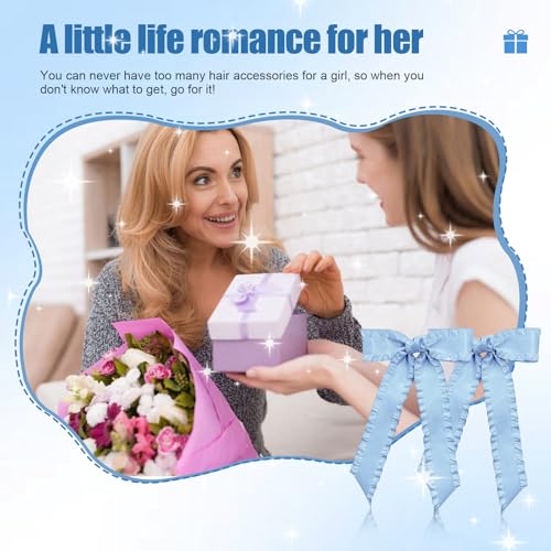 Light Blue Satin Hair Bows 2-Pack, 5.5 Inch Large Ribbon Clips