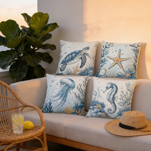 Coastal Throw Pillow Covers 18x18 Blue Marine Life Set of 4 Nautical Velvet