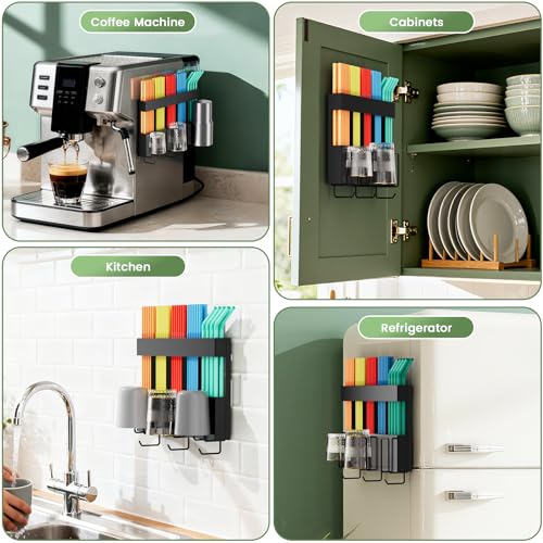 Magnetic Metal Straw Holder with Adhesive Hooks - Black