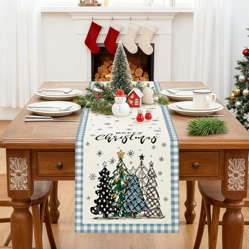 Christmas Table Runner 13x108 Inch Light Blue Buffalo Plaid Holiday Farmhouse Decor