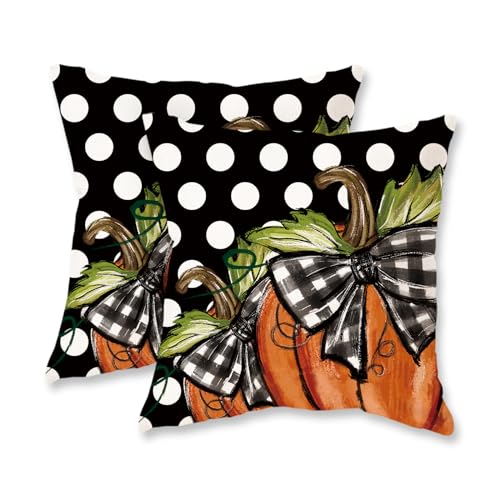 TAJWE 18x18 Polka Dot Pumpkin Pillow Covers - Black & Yellow, Set of 2