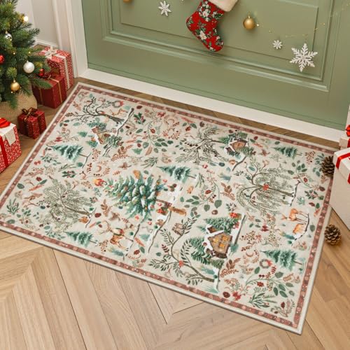 Lahome Christmas Entryway Rug 2' x 3' Beige Non Slip Holiday Door Mat