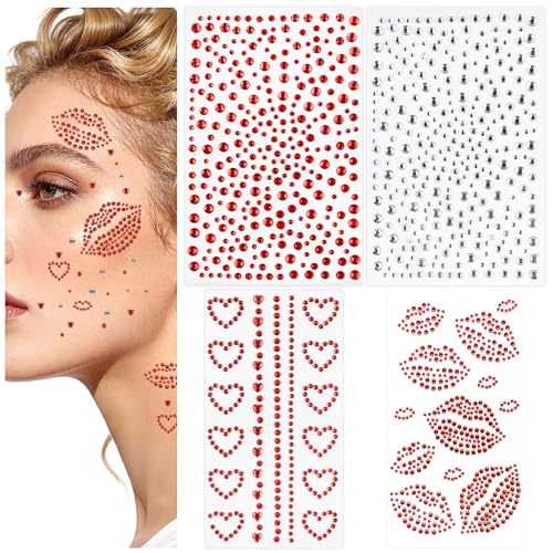 Doneace Red Face Gems and Heart Rhinestone Stickers for Festival Makeup 4Pcs