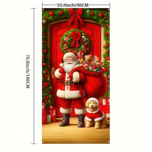 Christmas Door Cover Santa Dog Holiday Yard Banner 35x71 Inches
