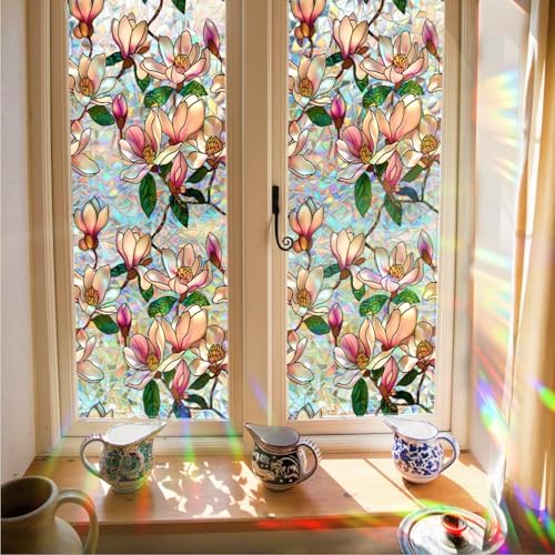 Magnolia Stained Glass Window Film - 17x39.4in Decorative Privacy Cling
