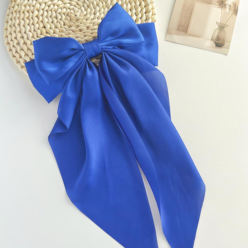 Tisbonsy Large Satin Hair Bows for Women, 3-Pack Royal Blue Oversized Long Tail Bow Barrettes and Ponytail Holders