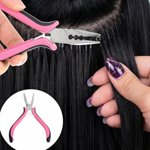 Thinp Micro Ring Hair Extension Pliers, 3-Hole Mini Tool with Pink Grip