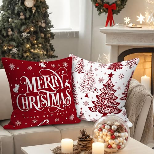 Christmas Pillow Covers Set of 4 - 24x24 Red Holiday Cushion Covers - Festive Decor
