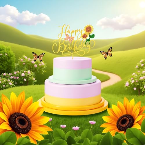 Gold Glitter Sunflower Cake Topper for Birthdays & Baby Showers