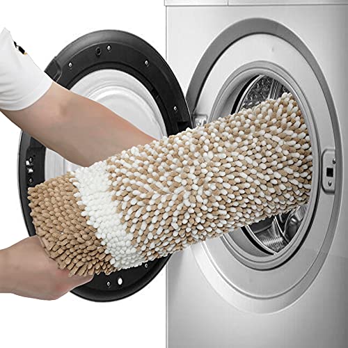 MILVOWOC Chenille Shaggy Bath Mat, 17x24 Inch, Non-Slip Khaki & White