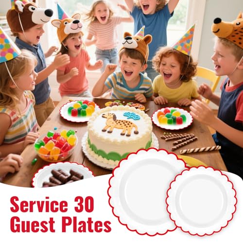 30 Pcs Red Scalloped Paper Plates - 7 & 9 Inch for Parties