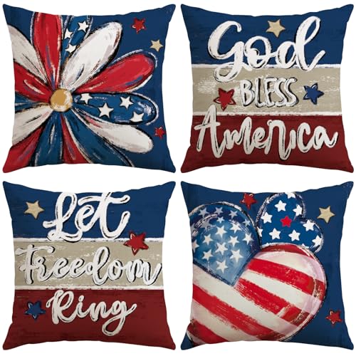 Artscope 4th of July Throw Pillow Covers, 18x18 Inch Patriotic Set of 4