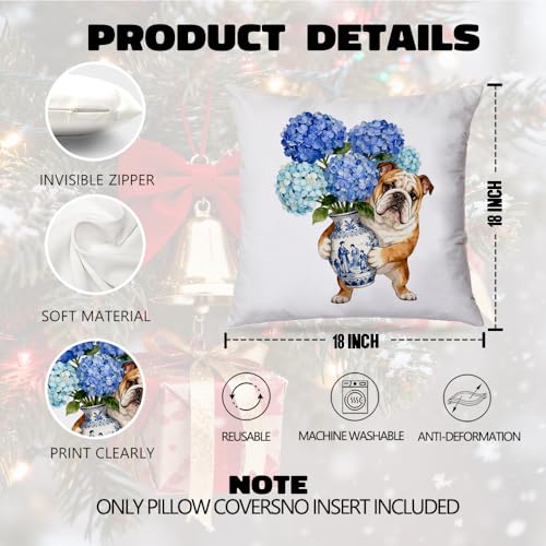 Blue Chinoiserie English Bulldog Pillow Cover - Dog Print 18x18 Inch