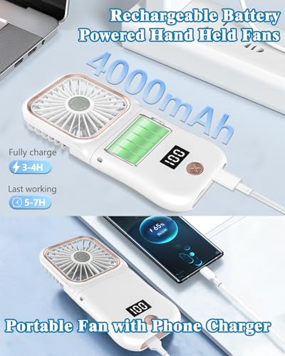 AJGJF Pearl White Handheld Fan - Rechargeable Mini Fan with Power Bank & LED Display