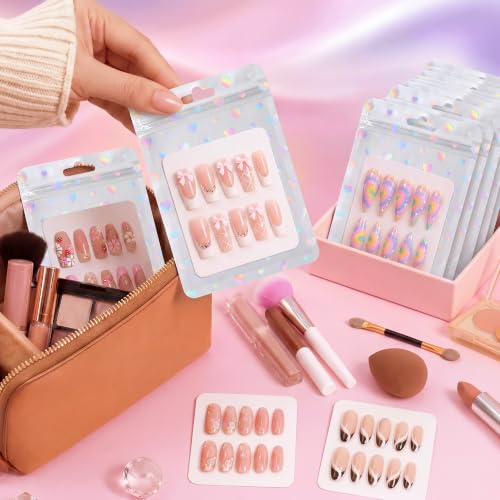50PCS Holographic Nail Packaging Bags with Nail Stands & Tape