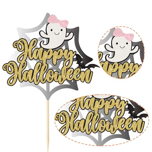 Happy Halloween Glitter Cake Topper - Spooky Ghost & Bat Cake Pick