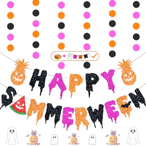 Happy Summerween Banner Set - Pre-Strung Glitter Pink Party Decorations