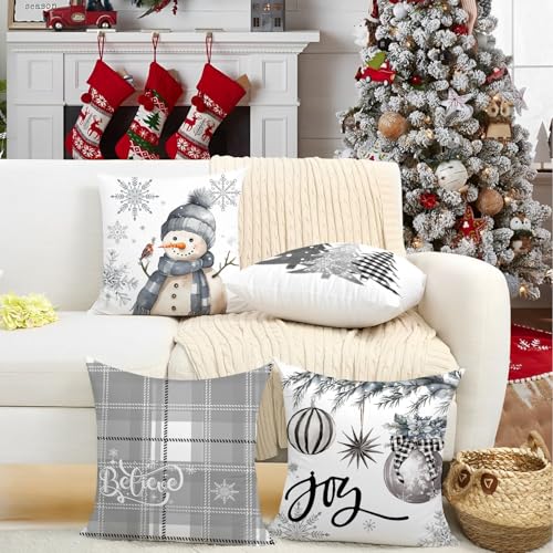 Artmag Christmas Pillow Covers Set of 4 - 16x16 Inch Snowman & Tree Designs