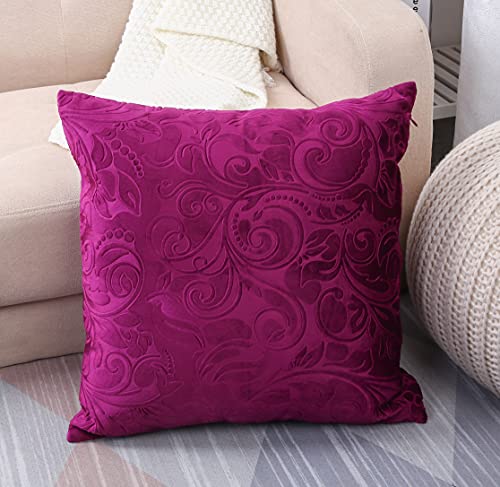 TangDepot Embossed Velvet Throw Pillow Cover, 12" x 12", Deep Magenta