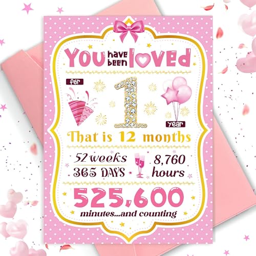 1st Birthday Card for Baby Girl - Pink Keepsake Gift for 1 Year Old