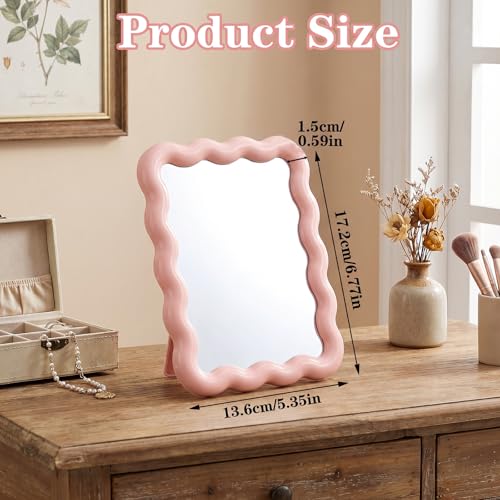 Wave-Shaped Pink Desk Mirror, Foldable Portable Makeup Mirror for Vanity