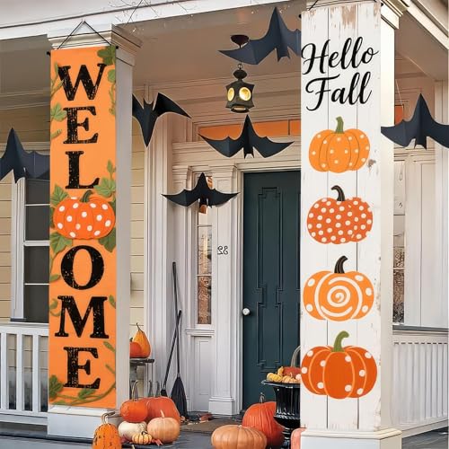 HOMETITUTE Fall Welcome Porch Banner Set 12x71 Inch Pumpkin 2 Pack
