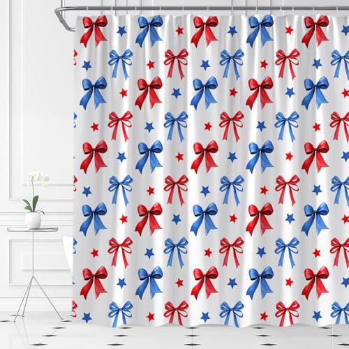 Patriotic 4th of July Shower Curtain - Red Blue Star Design, 70x70