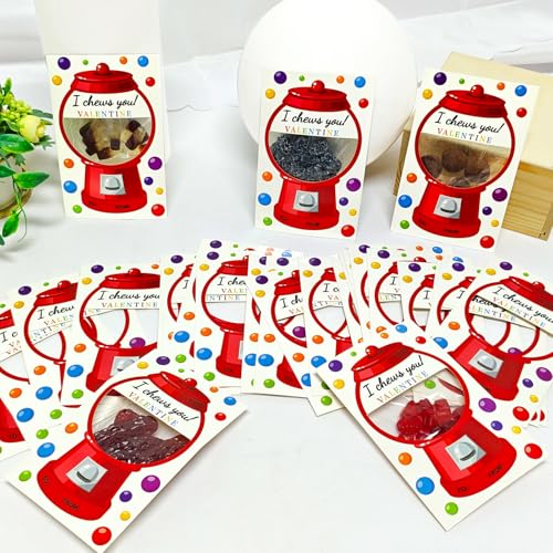 Valentine Candy Cards Set with Plastic Bags and Treat Holders - 50 Pack