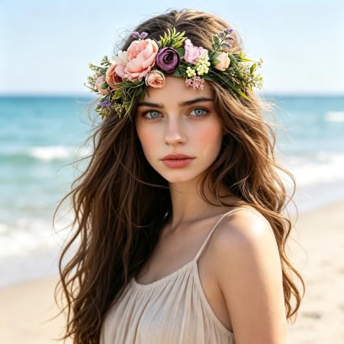 Floral Crown Rose Headband Adjustable Flower Halo for Wedding Party