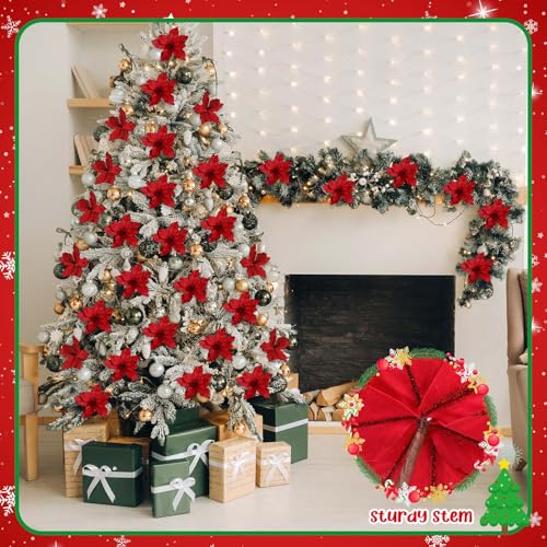 Red Artificial Christmas Poinsettia Flowers Set of 16 - Large Velvet Holiday Decor