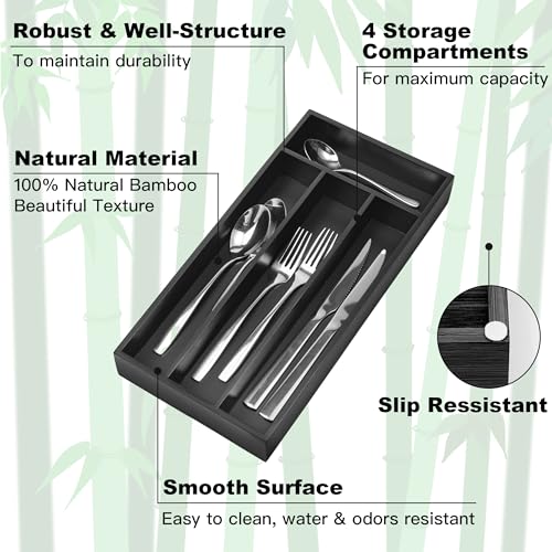 Bamboo Silverware Organizer Tray with 4 Deep Compartments