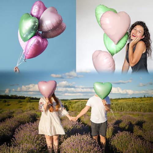 18-Inch Heart Foil Balloons - Pink & Sage Green, 12-Pack
