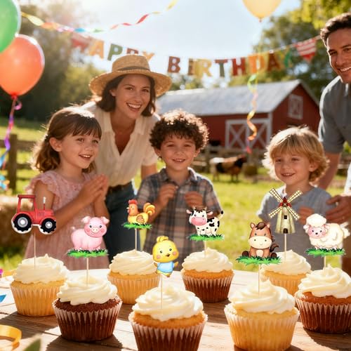 16 Farm Animal Cupcake Toppers - Birthday Party Decorations