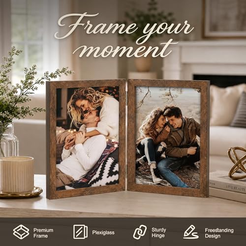 AEVETE 5x7 Double Hinged Wood Folding Picture Frame - Brown