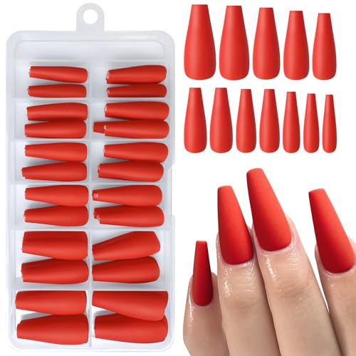 AddFavor 120pcs Matte Red Long Coffin Press on Nails with Glue