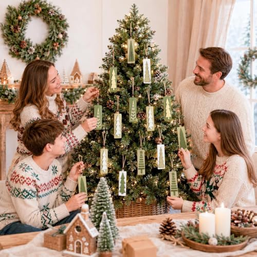 Neutral Rustic Wooden Christmas Tree Ornaments Set - Green Variation, 16 Pcs