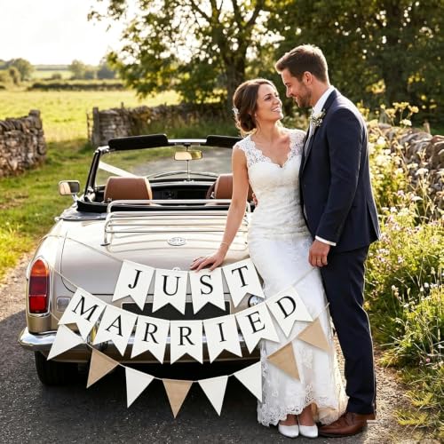 Rustic Burlap 'Just Married' Wedding Car Banner - Pre-Assembled Wedding Decor