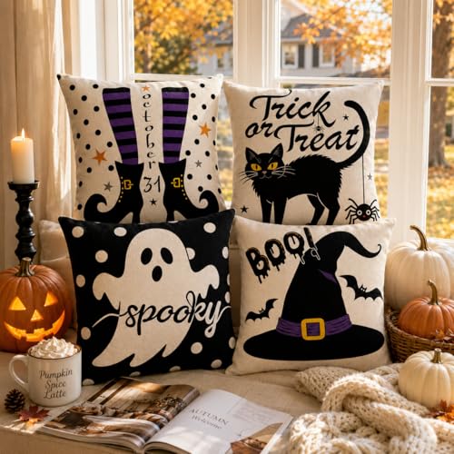 Ditother Halloween Pillow Covers 18x18 Set of 4, Purple Spooky Throw Pillows