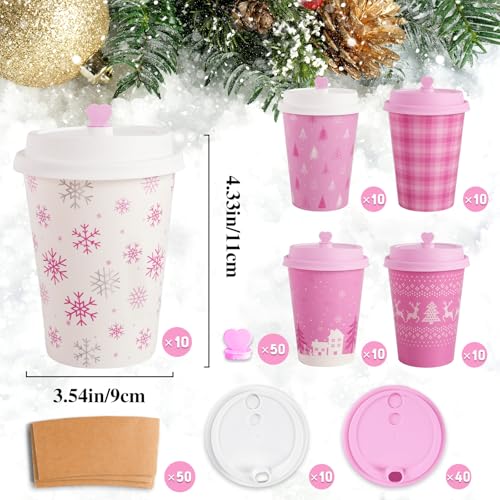 Pink Christmas Coffee Cups with Lids & Sleeves - 16 Oz Disposable Holiday Party Set