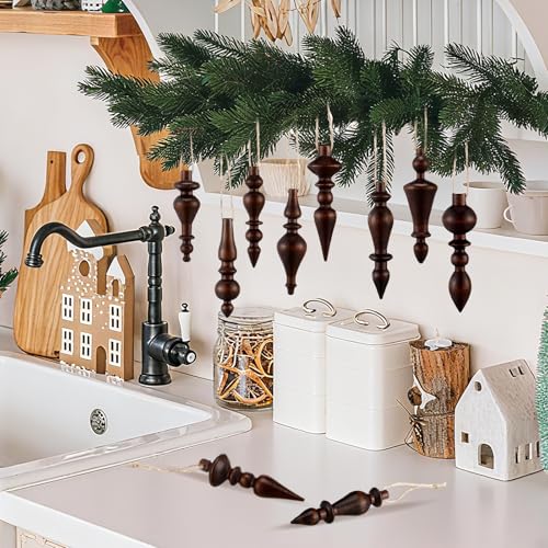 Wooden Christmas Ornaments Set - Brown Finials, 8 Pcs Holiday Decor
