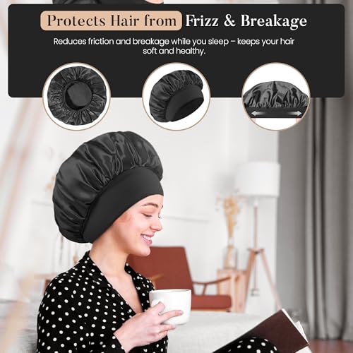 Merdia 2 PCS Satin Hair Bonnet for Sleeping and Shower Cap Black 11.8 Inch