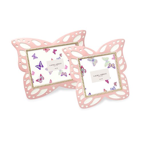 Laura Ashley 4x4 Pink Resin Butterfly Picture Frame with Dotted Edges, Photo Frame with Black Fabric Easel, Made for Tabletop & Wall-Hanging Display (4x4, Pink)