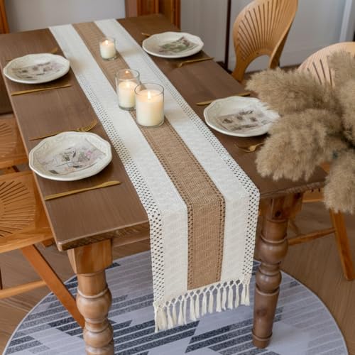 Boho Table Runner with Tassels - Beige 72-Inch Farmhouse Rustic Cotton Linen Blend
