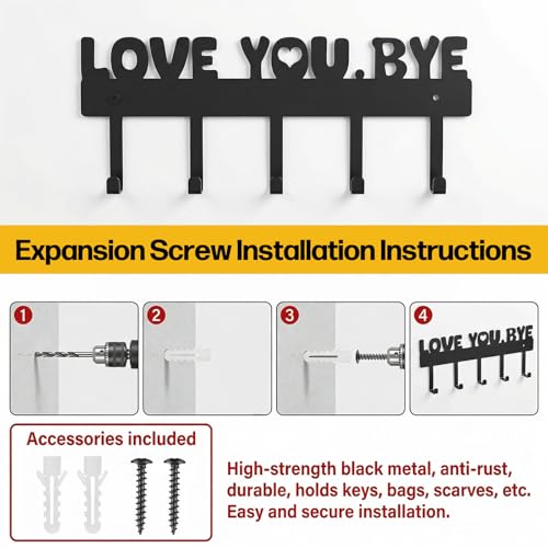 Black Wall-Mounted Key Holder with 5 Hooks - Durable Metal Key Rack